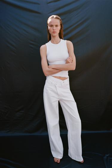 Zara TRF HIGH-RISE WIDE LEG CROSSOVER WAIST JEANS - White