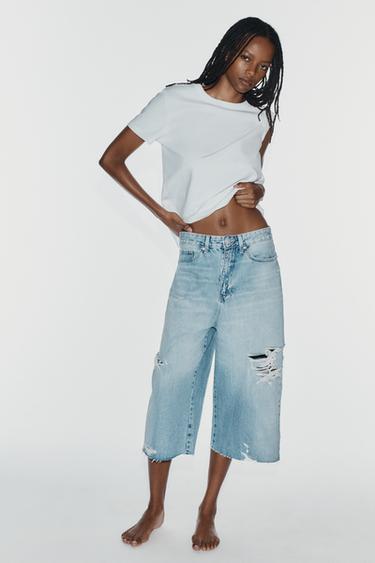 MID-WAIST RIPPED BAGGY DENIM JORTS - Light blue by Zara