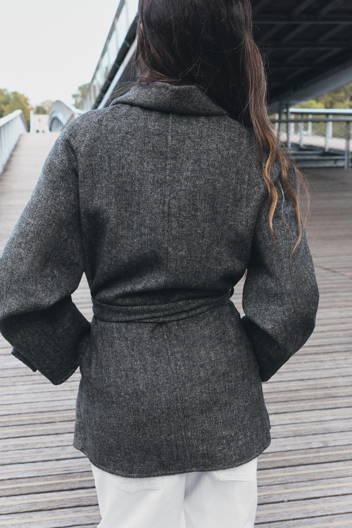 Женское пальто Zara Wool-Blend Belted Double-Breasted, цвет: Серый — фото 6