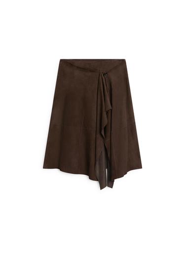 Zara Suede leather midi skirt with ruffle detail - Brown