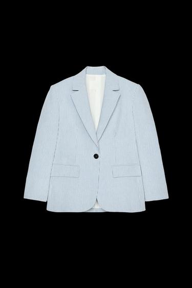 STRIPED SHOULDER PAD BLAZER - Ecru / Blue by Zara - Image 0