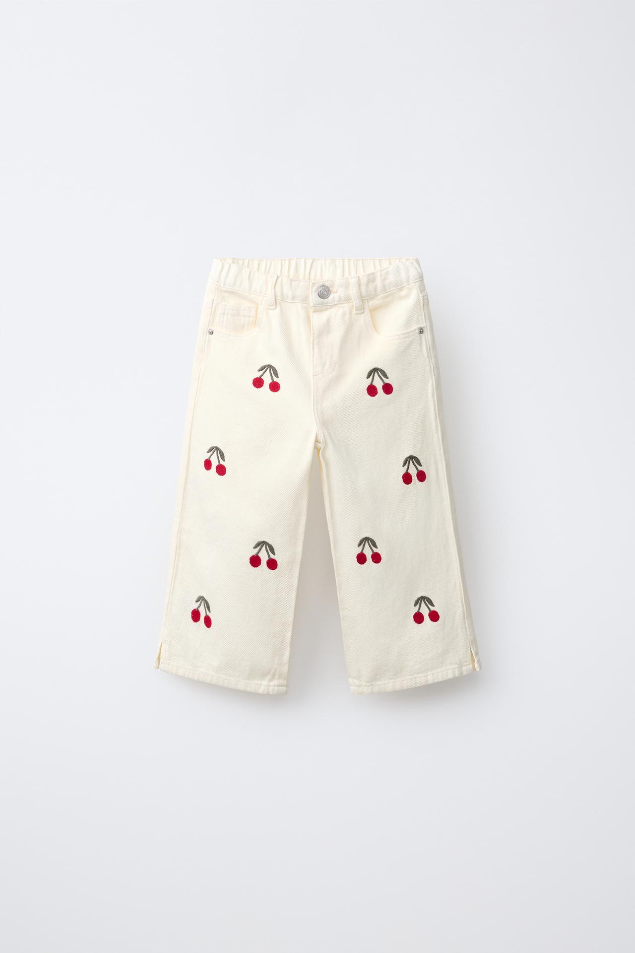 EMBROIDERED CHERRY TWILL CULOTTES — Beige