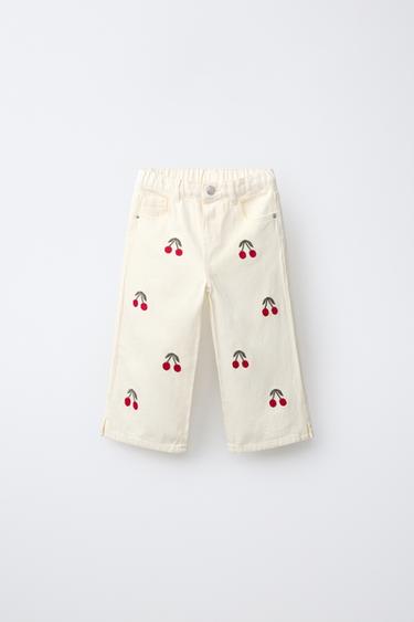 Pantalones culotte de twill con bordado de cerezas