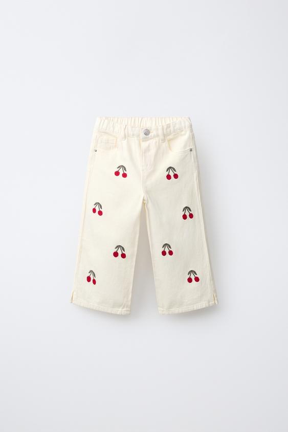 PANTALÓN SARGA CULOTTE CEREZAS BORDADAS - Beige de Zara - Imagen 0