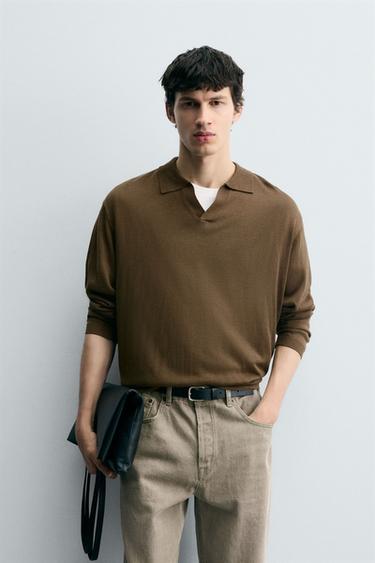 TEXTURED KNITTED POLO SHIRT - camel by Zara