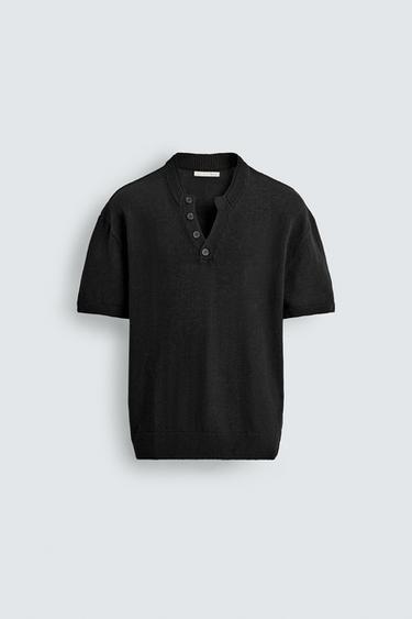 コットン&リネンニットTシャツブラックZaraのコットン&リネンニットTシャツ - ブラック