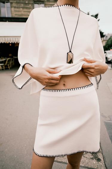 Zara CONTRAST EMBROIDERY KNIT SKIRT - White
