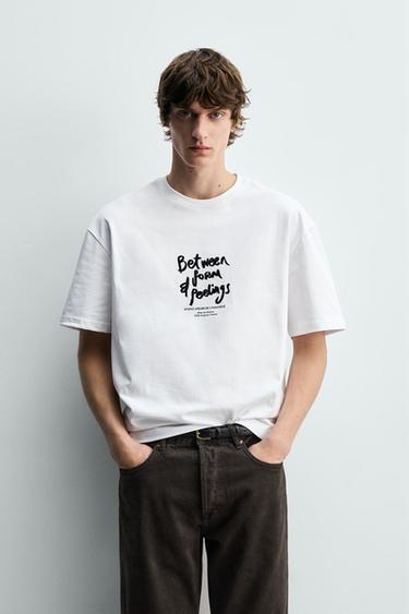 Zara TEXTURED TEXT T-SHIRT - White