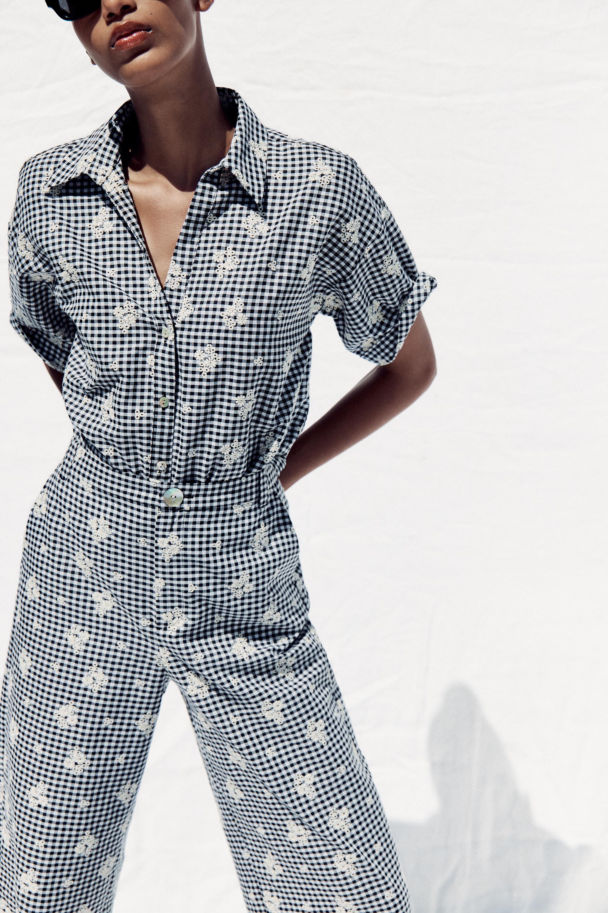GINGHAM CHECK SHIRT WITH EMBROIDERY - Ecru / Blue | ZARA
