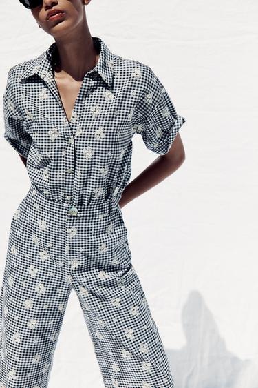 CAMISA CUADRO VICHY BORDADOS - Crudo / Azul de Zara