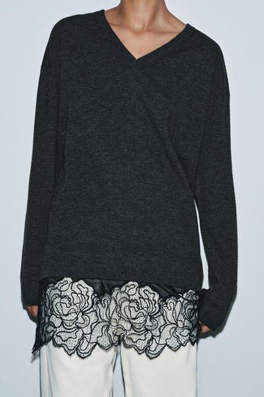 LONG KNIT JUMPER WITH LACE DETAIL - Grey by Zara