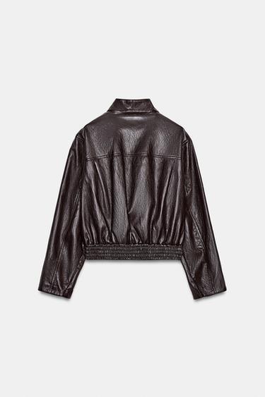 CROPPED LEATHER EFFECT BOMBER JACKET - Dark brown by Zara