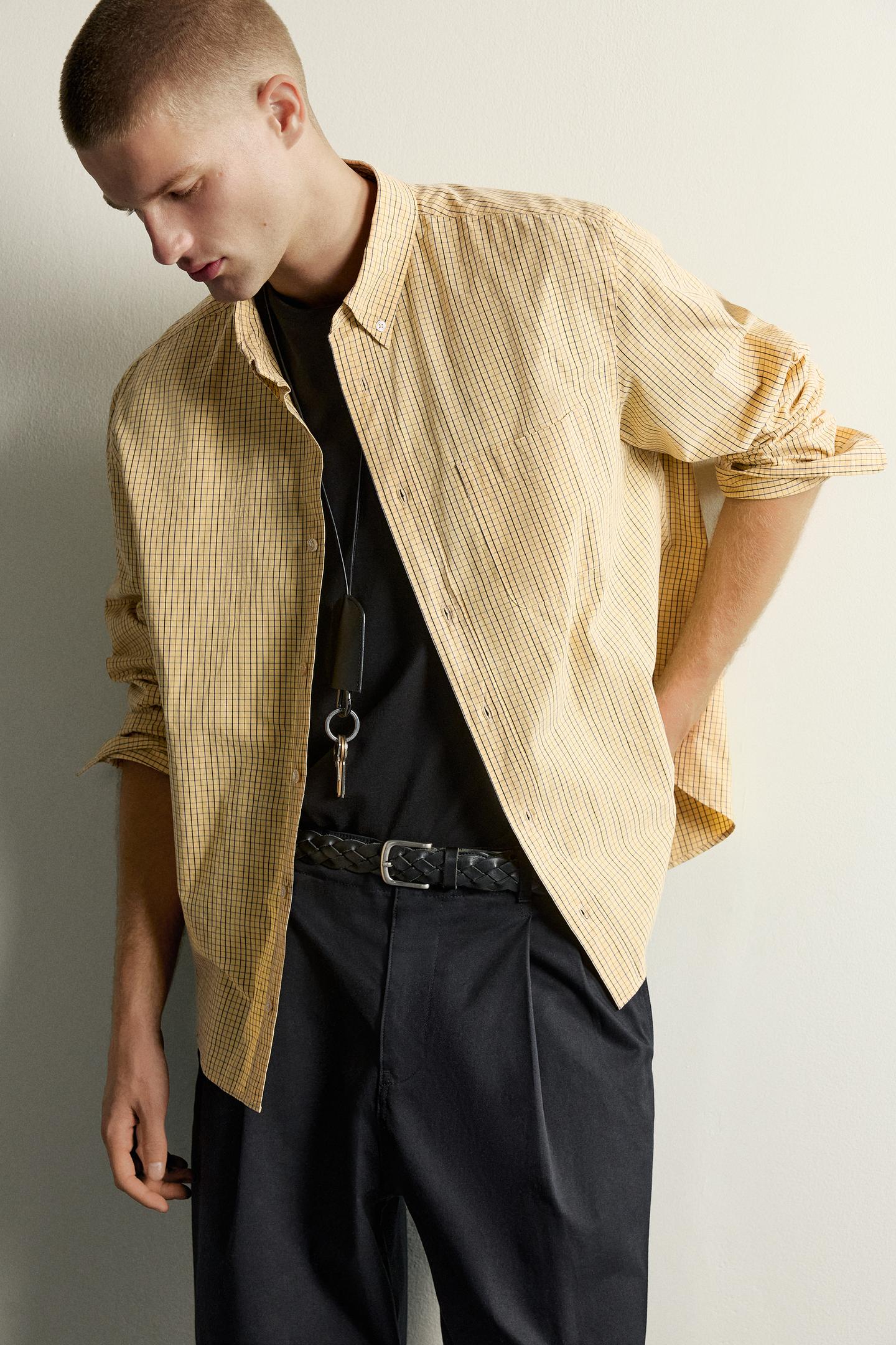 Мужская рубашка Zara Checked Relaxed Fit Cotton, цвет: Светлый жёлтый — фото 5