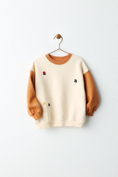 COLOUR BLOCK EMBROIDERED SWEATSHIRT - Ecru / Brown by Zara
