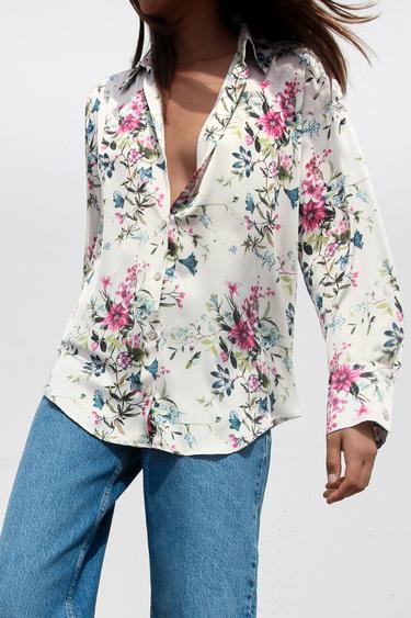Zara SATIN EFFECT PRINTED SHIRT - Ecru / Red
