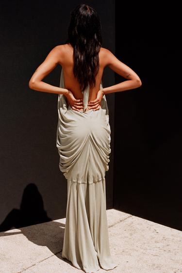 Zara LIMITED EDITION HALTER VOLUME LONG DRESS - Stone