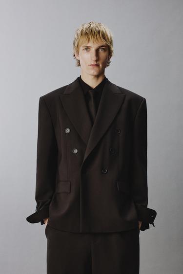 Zara 100% LINEN DOUBLE-BREASTED SUIT BLAZER - Brown