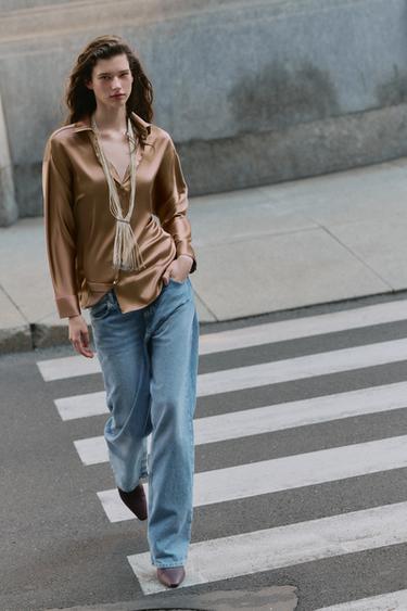 SATIN DROP-SHOULDER SHIRT - Mid-camel by Zara