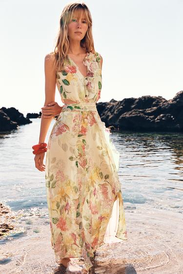 FLORAL CUT-OUT PRINT DRESS - Ecru / Green by Zara