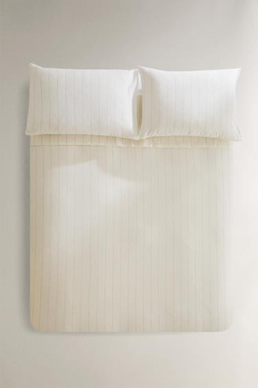 Zara STRIPED COTTON LINEN DUVET COVER - Oyster-white
