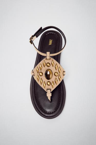 Zara BEADED LEATHER SANDALS - Sandy Brown