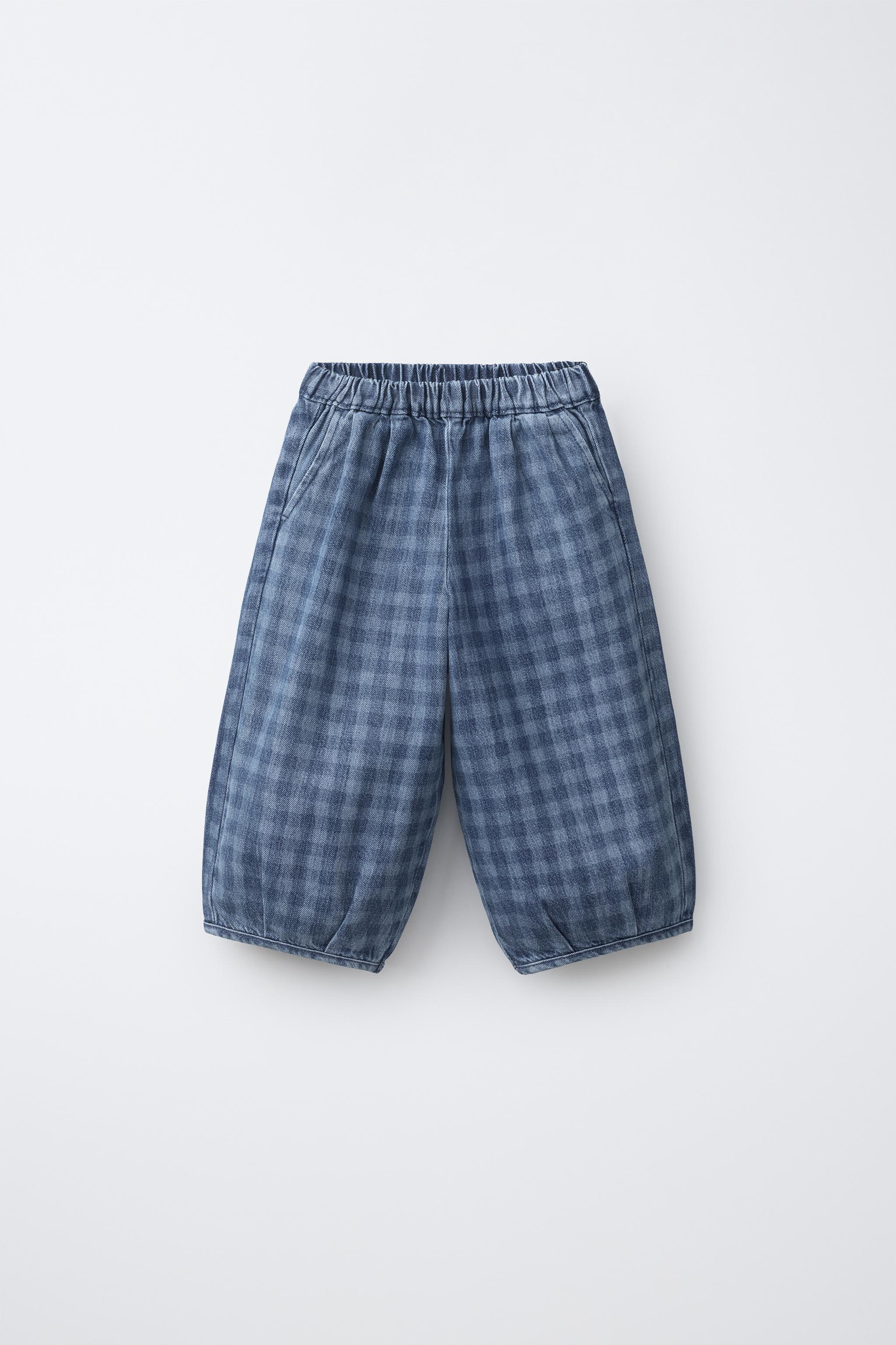 PLAID BALLOON-FIT JEANS — Mid-blue