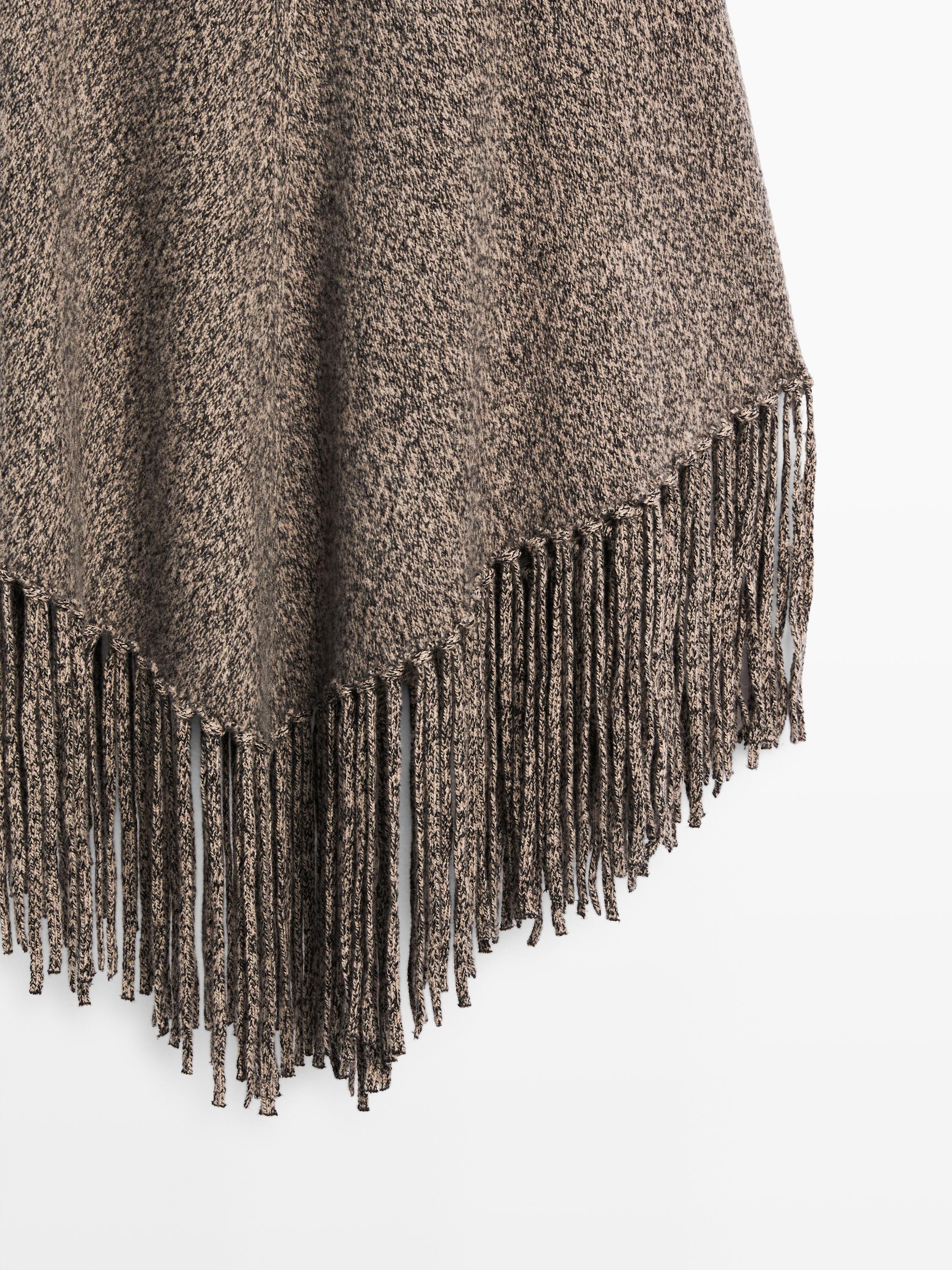 Wool blend mouliné knit cape with fringing