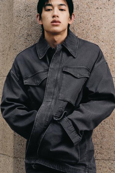 Zara 水洗紋理棉質派克外套 - 淺靛青色