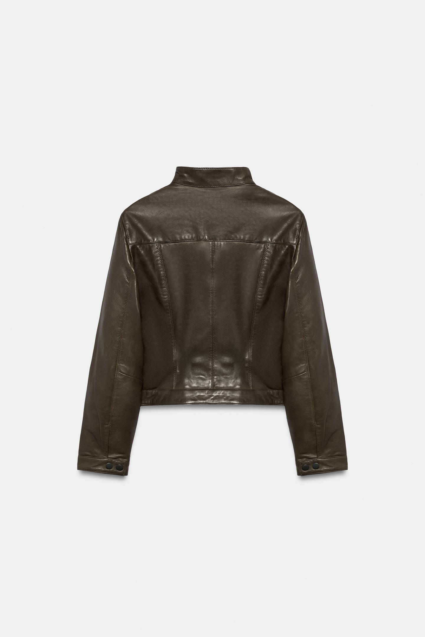 Женская куртка Zara 100% Leather Zip-Up, цвет: Серый зелёный — фото 6