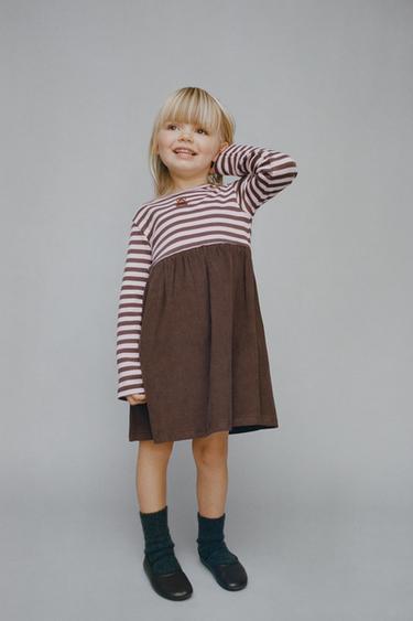 STRIPED NEEDLECORD DRESS WITH EMBROIDERY - Brown by Zara