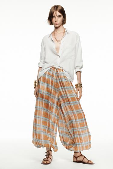 ZW COLLECTION ラミーチェック柄バルーンパンツオレンジ色ZaraのZW COLLECTION ラミーチェック柄バルーンパンツ - オレンジ色
