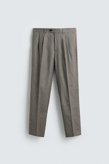 بنطلون بدلة بثنيات ونقشة مربعات - بيج by Zara