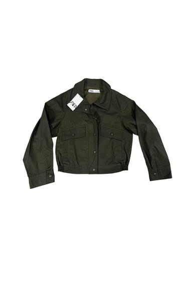 CROPPED GREEN WAX FINISH COTTON BOMBER JACKET