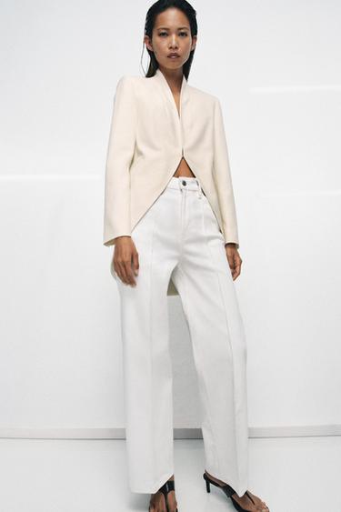 Zara ZW COLLECTION HIGH-WAIST WIDE LEG JEANS - Oyster-white