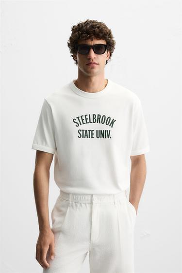 RIBBED SLOGAN T-SHIRT - Oyster-white by Zara - Image 1