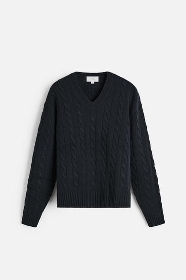 WOOL CABLE-KNIT SWEATER - Dark navy by Zara