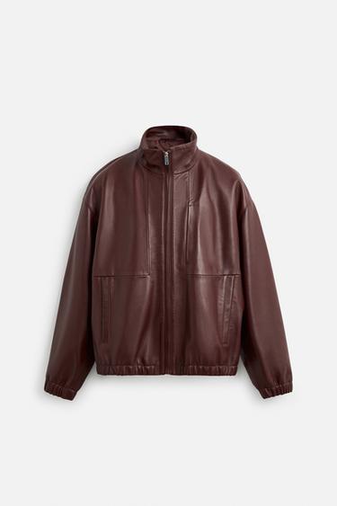Zara RELAXED FIT LEATHER JACKET - Burgundy