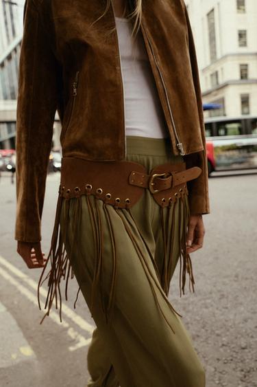 Zara LEATHER FRINGED OBI BELT - taupe brown