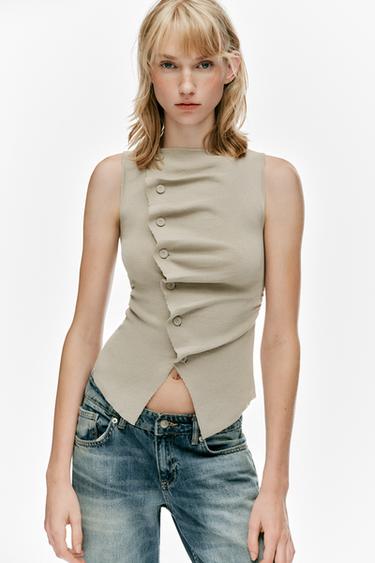 ТРИКОТАЖНЫЙ ТОП СО СБОРКАМИ — ПЕСОЧНЫЙ от Zara