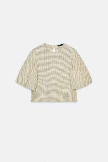 CHECK BALLOON SLEEVE TOP - Sand / Black by Zara