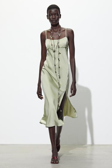 Smeraldo Vestito Verde Fluo Zara Satin Dress Zara Satin Robe Longue Blanche  Dentelle Zara Midi Slip