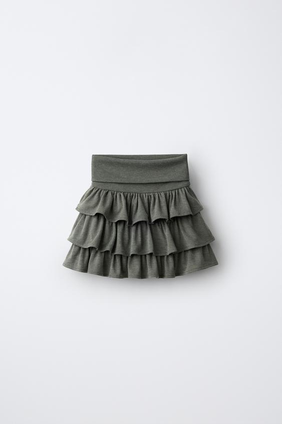 Zara 翻邊腰身荷葉邊半裙 - 卡其色 - 圖片 0