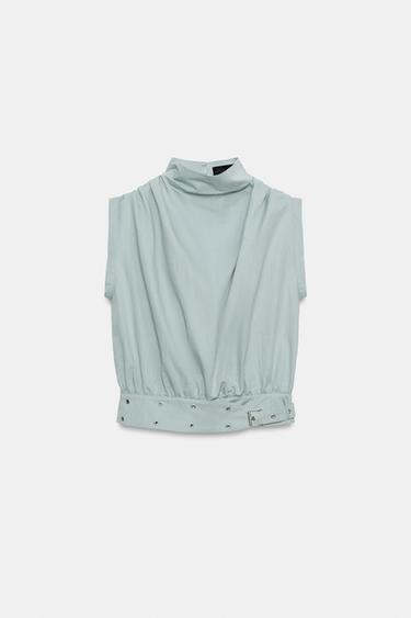 TOP WITH EYELETS AND BELT - Sea green by Zara - Image 0