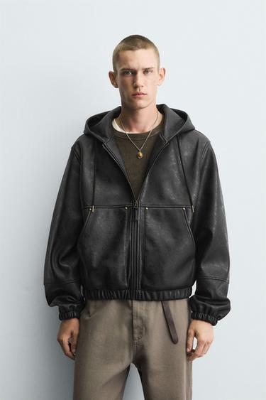 HOODED LEATHER EFFECT JACKET - Black by Zara