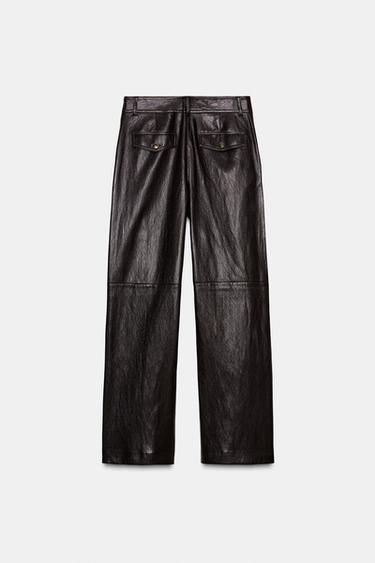 Zara FAUX LEATHER STRAIGHT LEG PANTS - Brown
