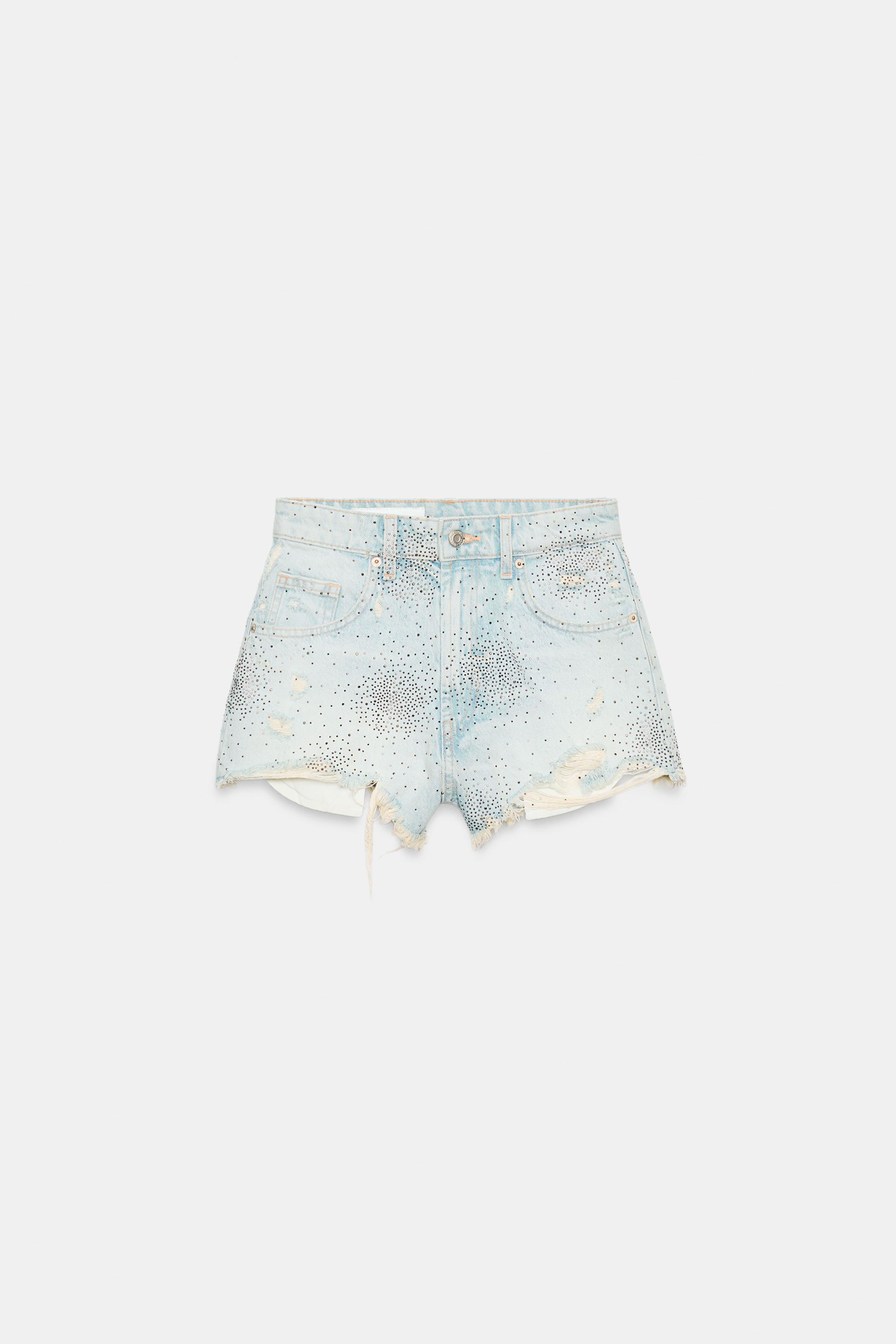 Женские шорты Zara RIPPED HIGH-RISE RHINESTONE DENIM SHORTS — фото 6
