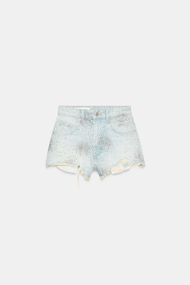 HIGH-WAIST RIPPED DENIM SHORTS WITH RHINESTONES