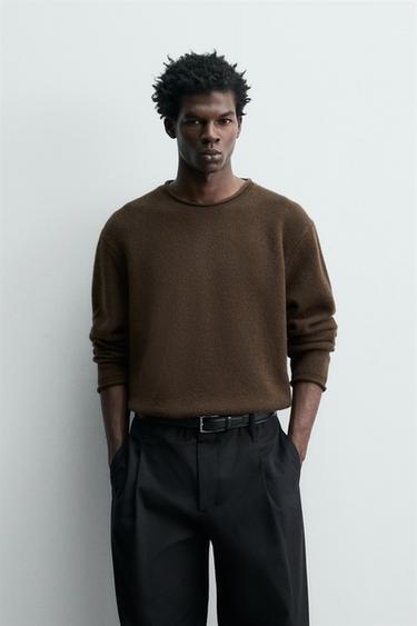 Zara 100% WOOL ROLLED-EDGE SWEATER - Brown