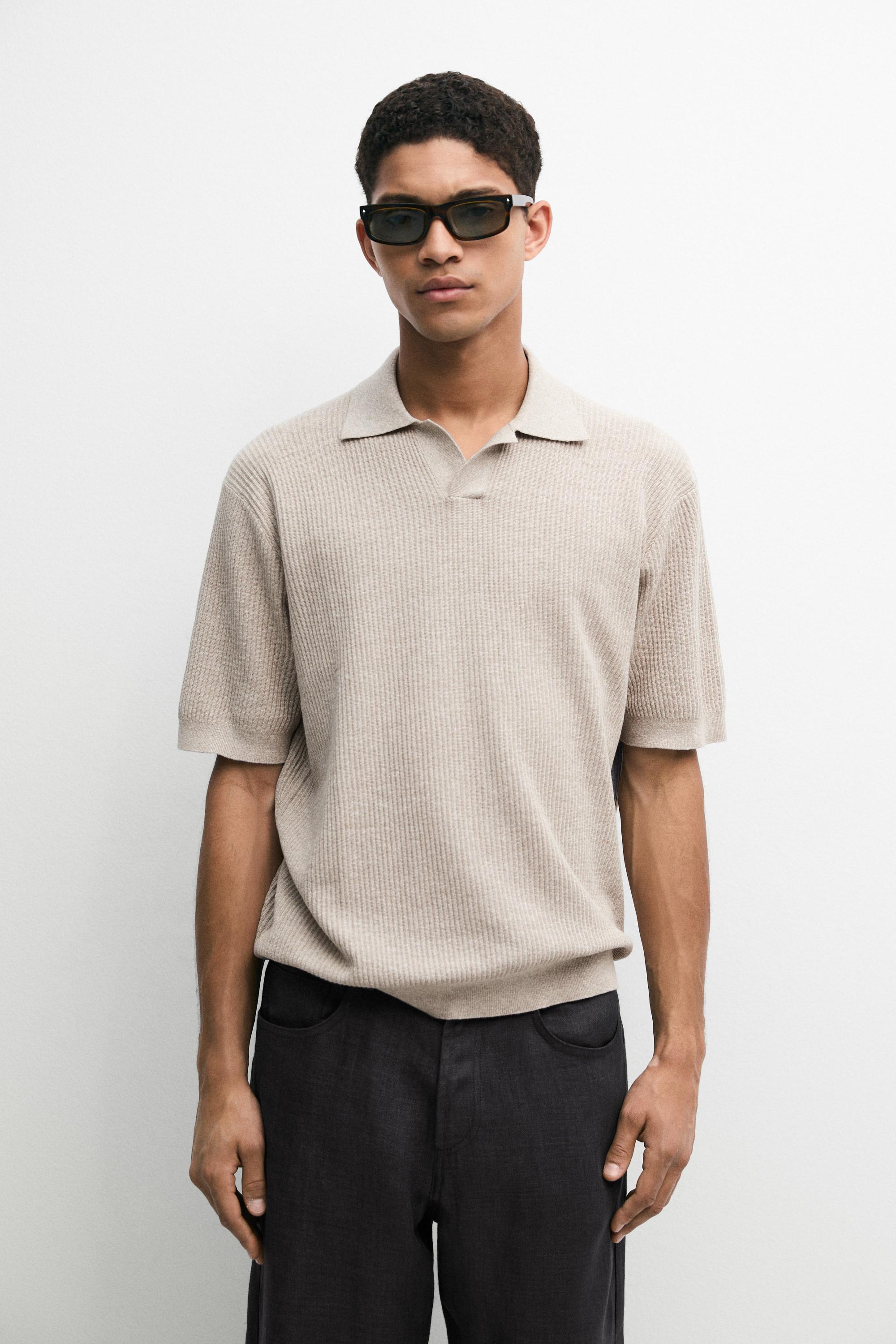 Cotton blend knit polo shirt — Beige