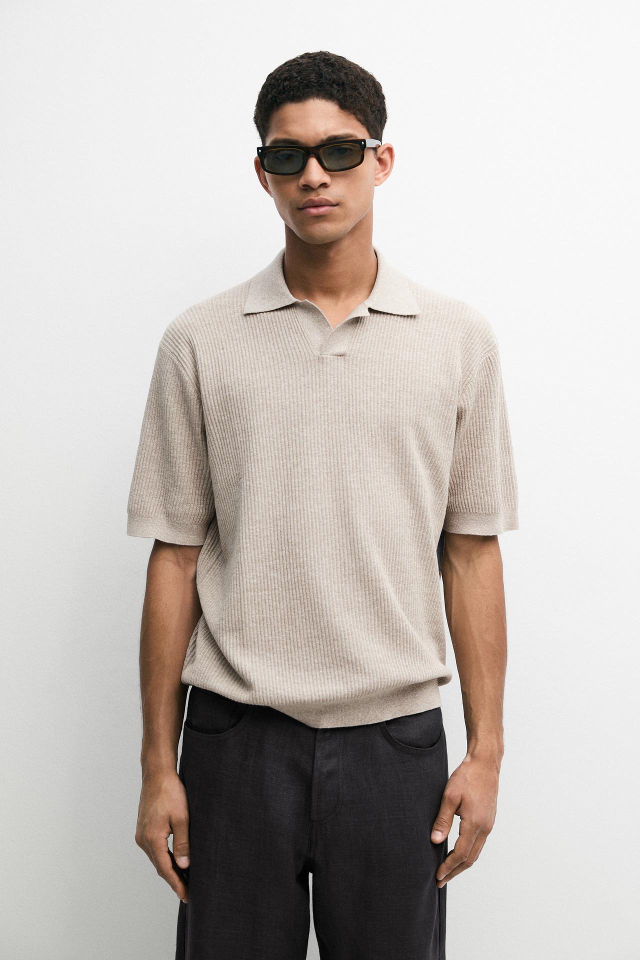Cotton blend knit polo shirt — Beige